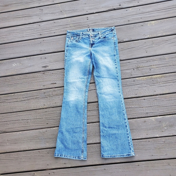 Vintage 90s y2k LEI Blue Denim Low Rise Hip Huggers Flare Bootcut Jeans - Picture 3 of 5